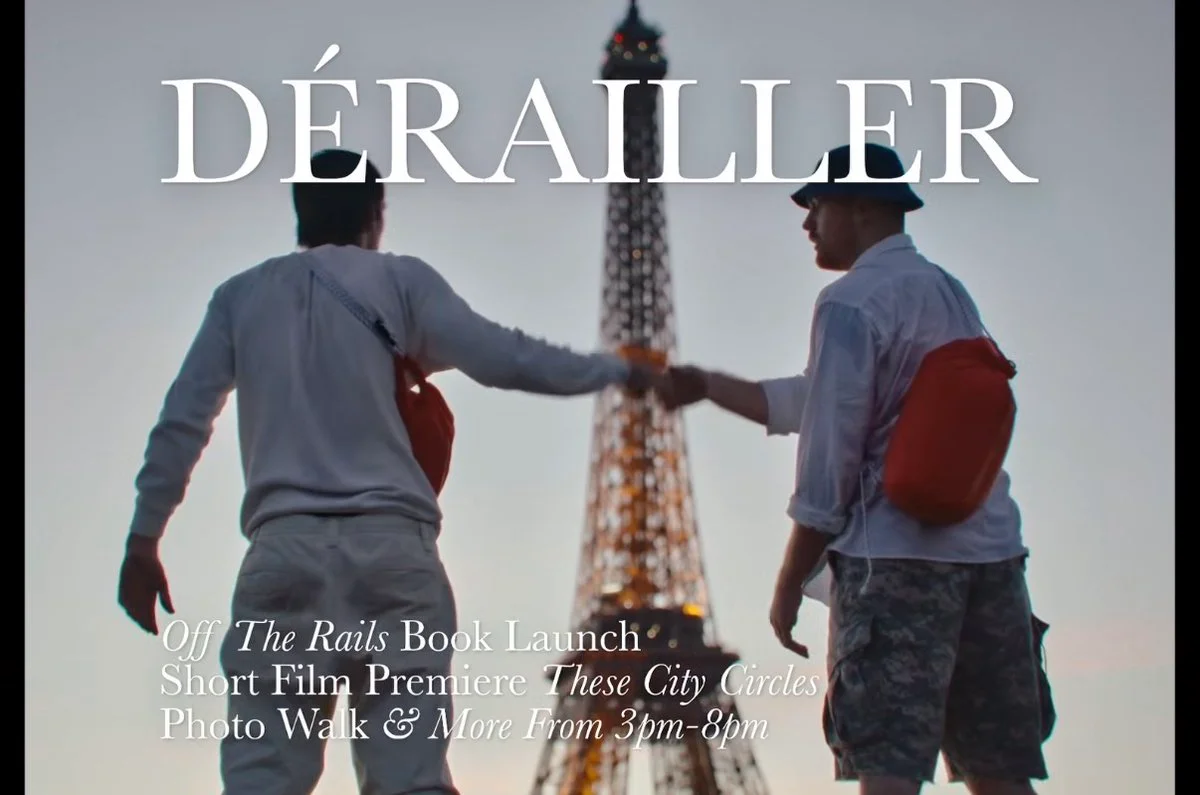 Dérailler poster showing two people greeting each other near the Eiffel Tower
